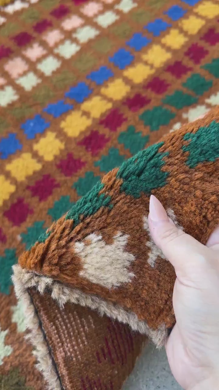 4x6 Handmade Vintage Afghan Baluch Rug | Chocolate Brown Mustard Gold Navy Blue Forest Olive Mint Green Salmon Pink Peach Brick Red | Wool