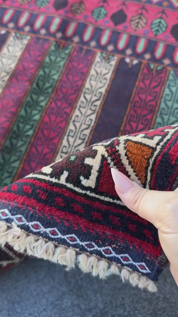 3x5 (91x152) Handmade Vintage Afghan Baluch Rug | Cream Maroon Burgundy Blood Red White Burnt Orange Forest Green Black Tan | Wool
