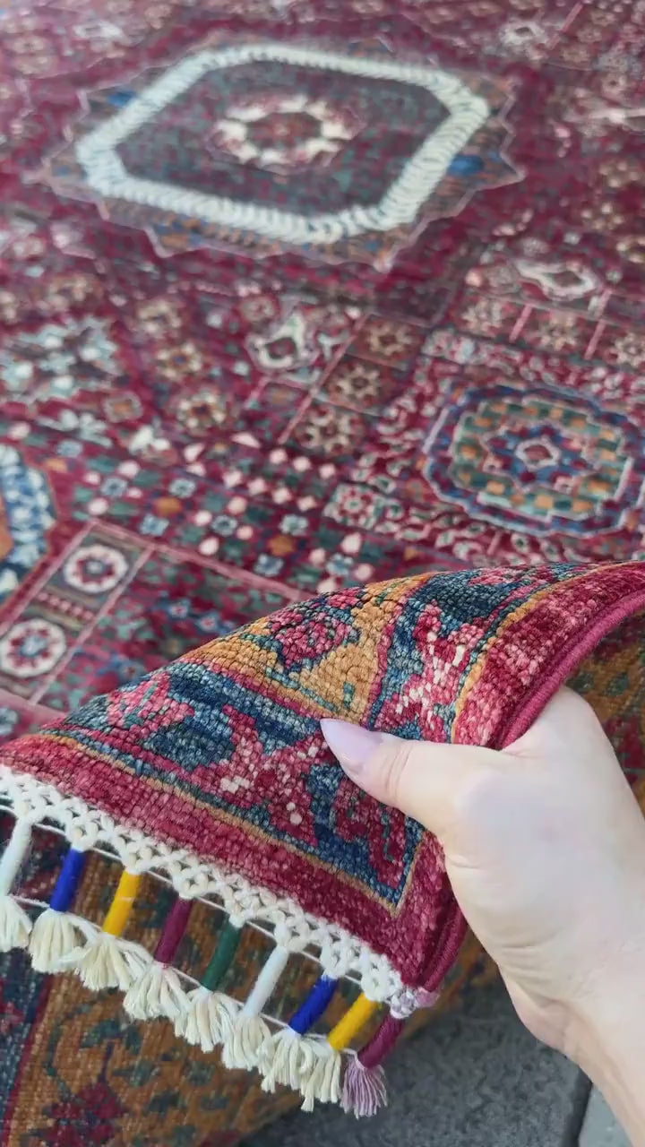 6x8 Handmade Afghan Wool Rug | Burgundy Red and Gold Mamluk Medallion Area Rug | Hand-Knotted Traditional Carpet