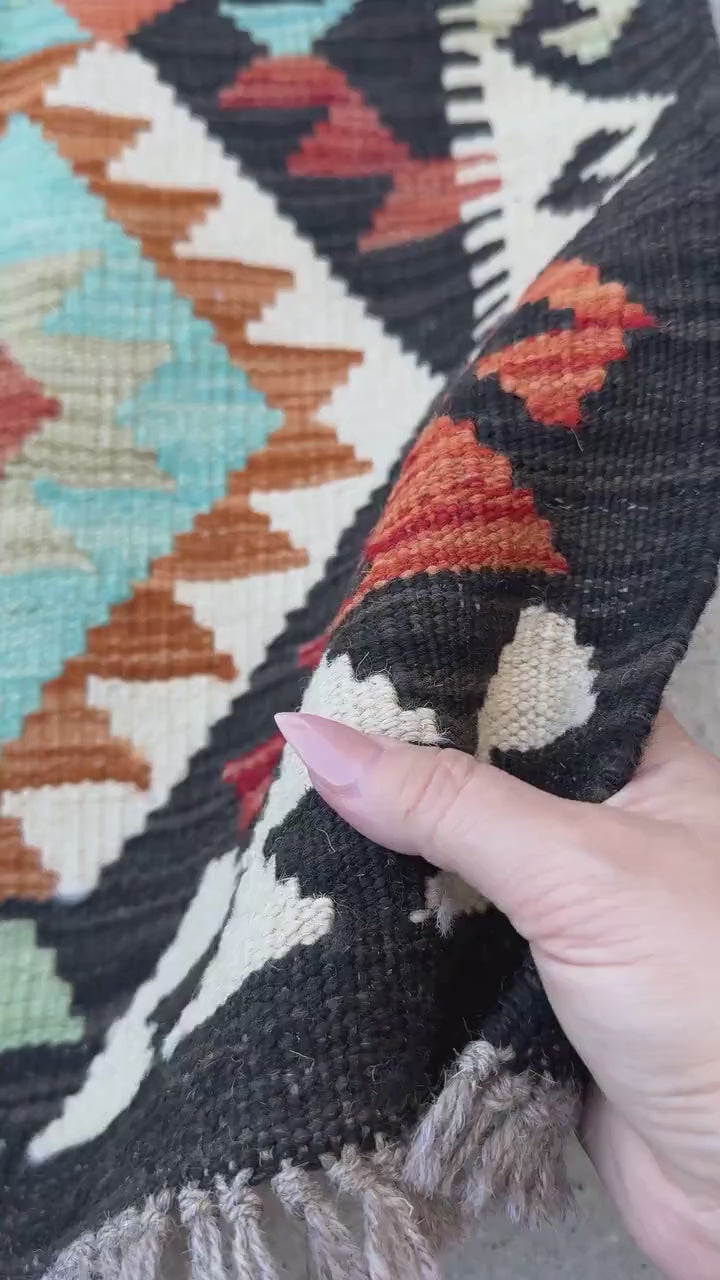 2x3 (61x91) Handmade Afghan Kilim Rug | Black Terracotta Rust Orange Crimson Red Aqua Sky Blue Cream White Mint Olive Green | Wool Flatwoven
