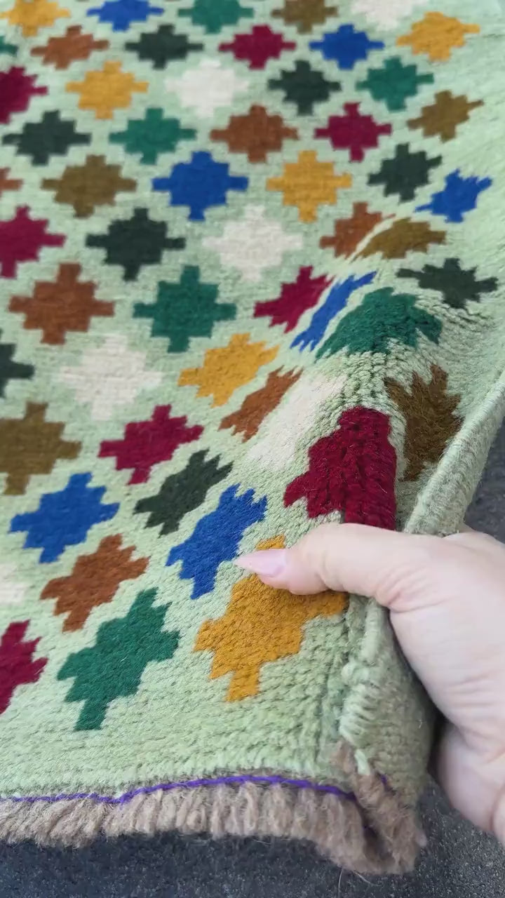 3x10 Handmade Vintage Afghan Baluch Runner Rug | Mint Forest Green Brick Red Copper Brown Cream White Mustard Yellow Blue Black | Flatwoven