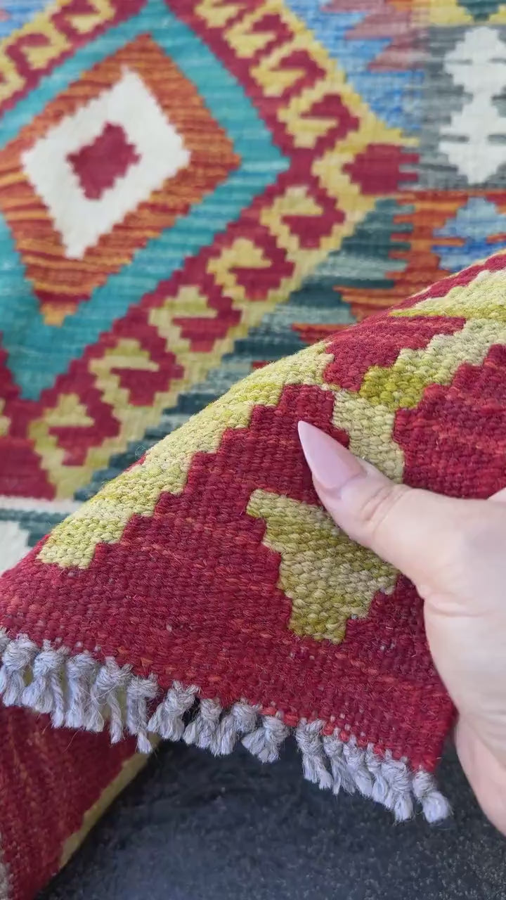 3x5 Handmade Afghan Kilim Rug | Scarlet Blood Brick Red Burgundy Grey Teal Aqua Turquoise Denim Blue Olive Moss Green Gold Orange White Wool