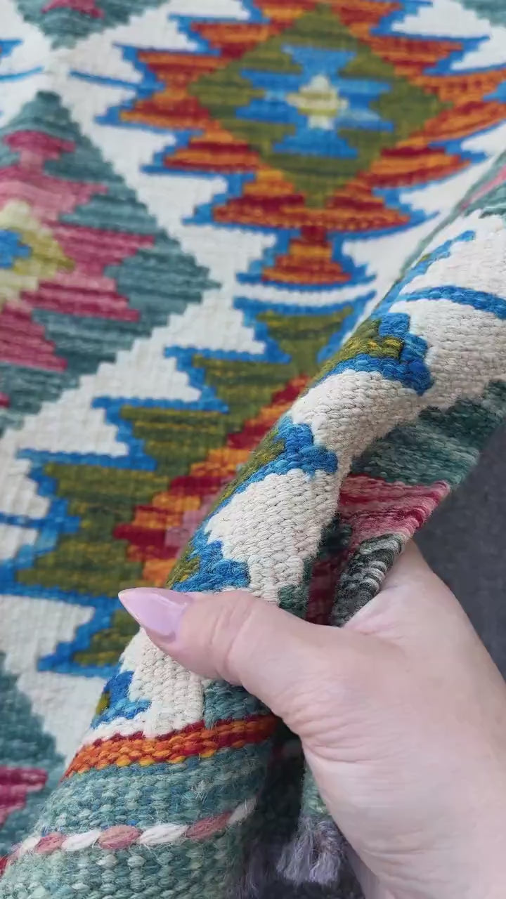 2x5 Handmade Afghan Kilim Runner Rug | Cream White Olive Forest Lime Green Teal Burnt Rust Orange Navy Blue Aqua Teal Red | Wool Flatwoven