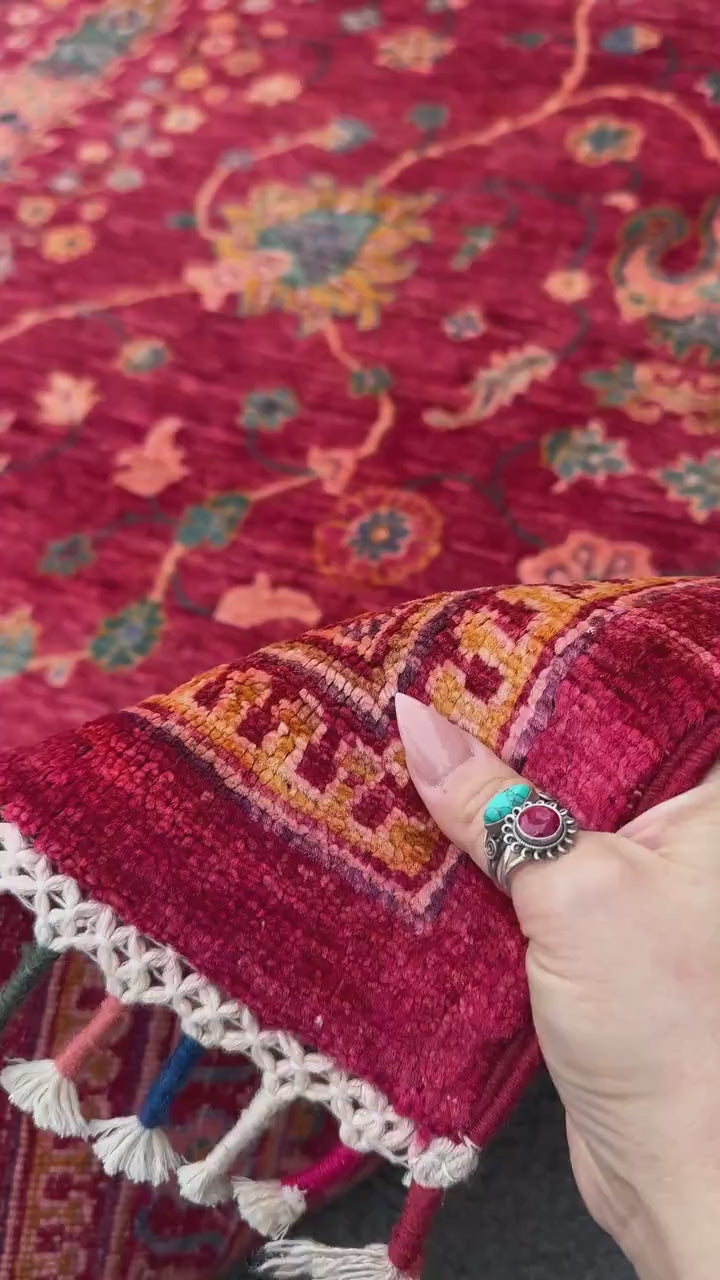 7x10 Handmade Afghan Wool Rug | Intricate Floral Vine Design | Red And Blue Area Rug