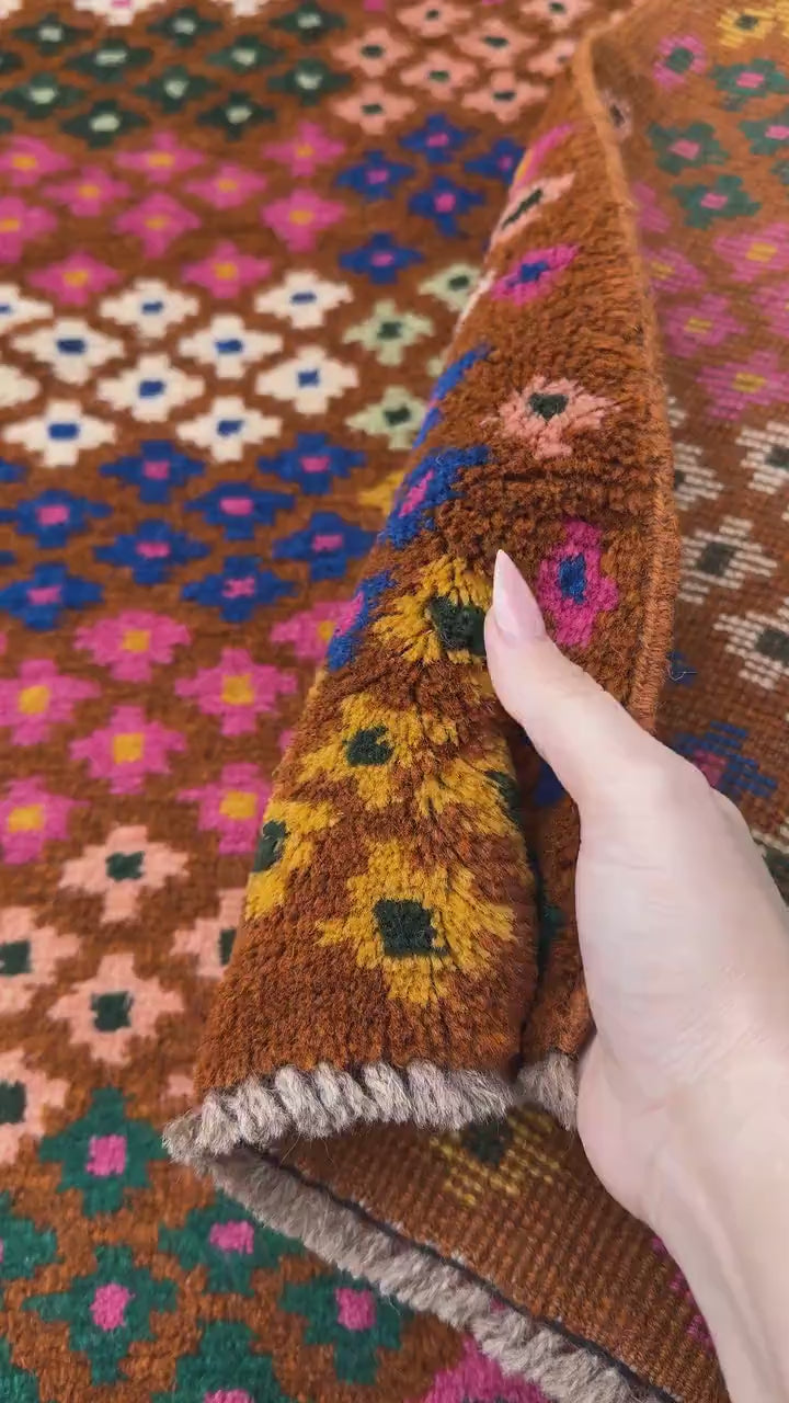 4x6 Handmade Vintage Afghan Baluch Rug | Chocolate Brown Cream White Rose Salmon Pink Peach Forest Mint Pine Green Mustard Gold Navy Blue