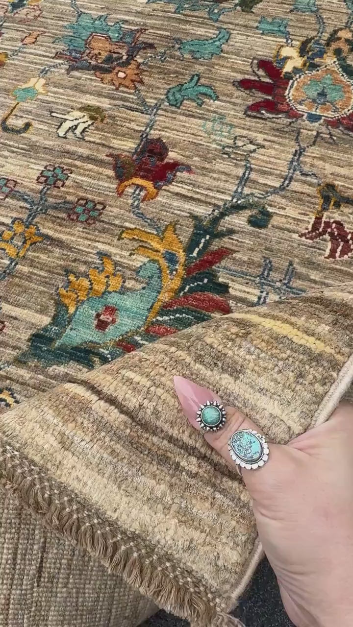 6x8 Handmade Afghan Wool Rug | Floral Vine Design | Neutral Beige And Teal Area Rug