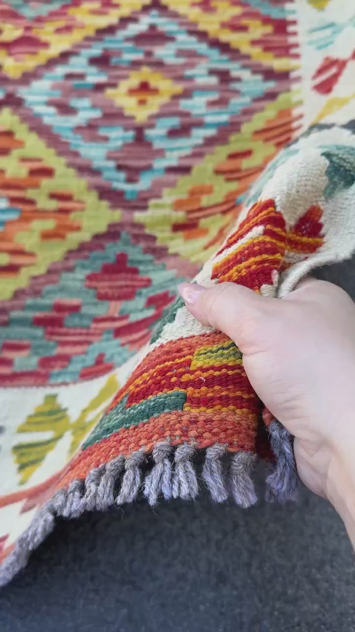 3x5 (91x152) Handmade Afghan Kilim Rug | Cream White Navy Denim Aqua Blue Moss Olive Green Purple Maroon Brick Red Teal Yellow Orange | Wool