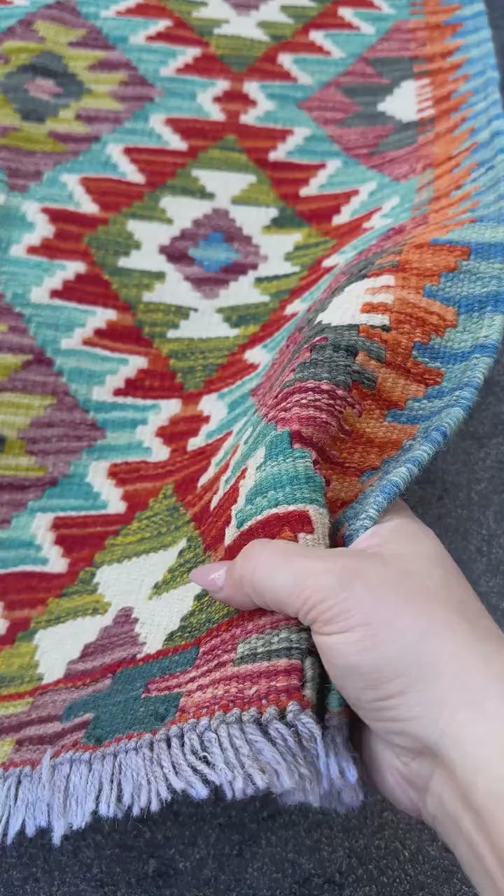 2x5 Handmade Afghan Kilim Runner Rug | Teal Aqua Moss Olive Green Cream White Charcoal Grey Rust Red Burnt Orange Maroon Denim Blue | Wool