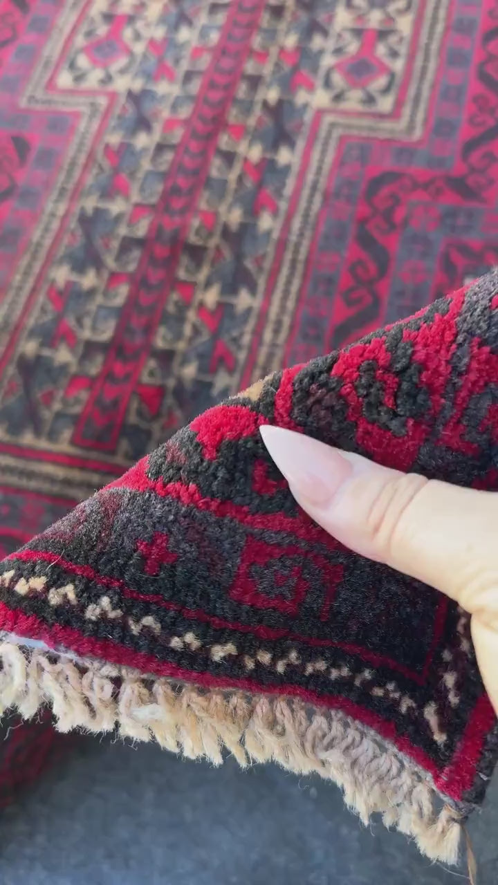 3x5 (91x152) Handmade Vintage Afghan Baluch Rug | Crimson Blood Red Black Grey Cream Beige Taupe Tan White | Wool Geometric Traditional