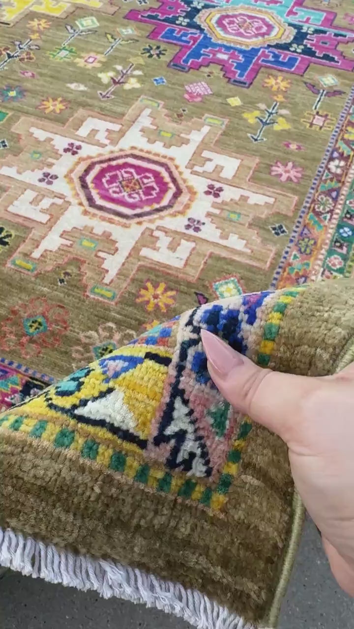 10x14 Handmade Afghan Wool Rug | Tribal Medallion Design | Olive and Moss Green Geometric Carpet