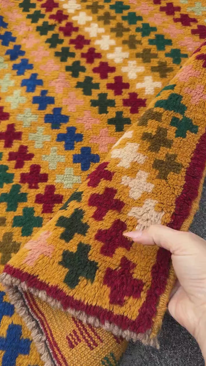 4x6 Handmade Vintage Afghan Baluch Rug | Mustard Yellow Copper Brown Cream Peach Rust Red Forest Olive Mint Green Navy Blue | Wool Flatwoven