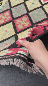 3x7 (91x213) Handmade Afghan Kilim Runner Rug | Black Cornsilk Yellow Rose Pink Mauve Baby Blue Sage Green Ivory Peach Orange | Wool Outdoor