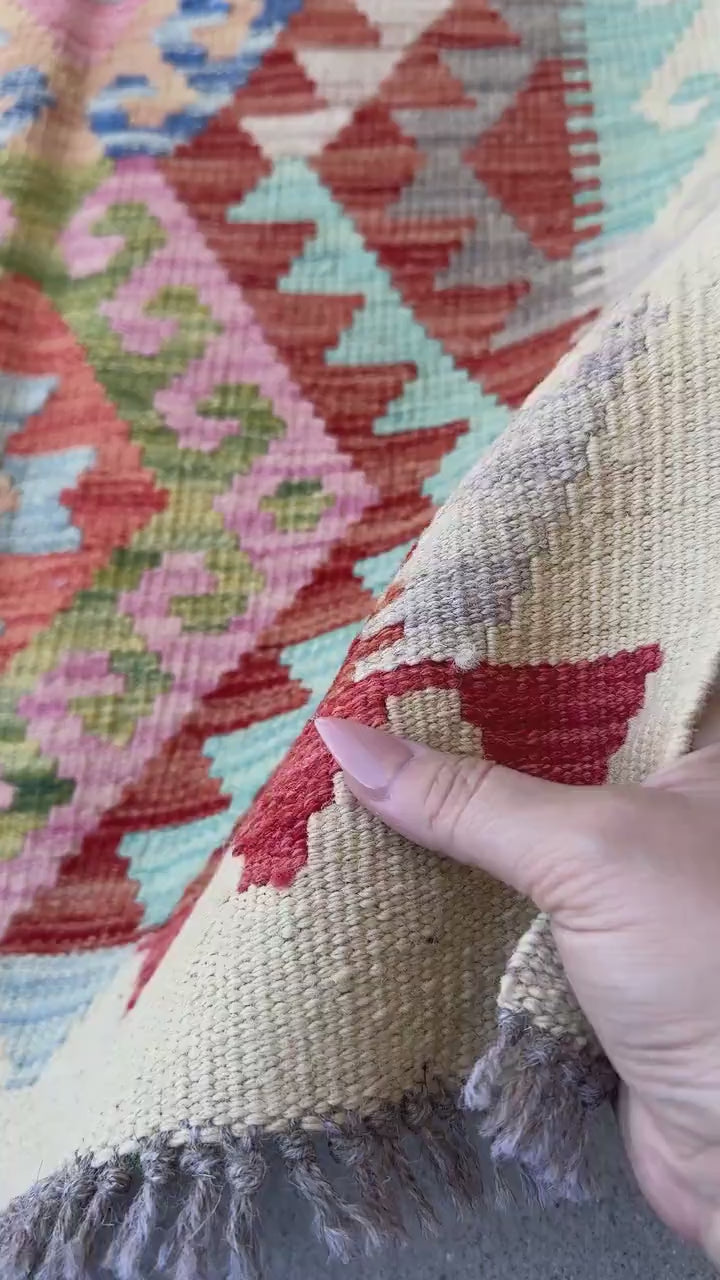 2x3 Handmade Afghan Kilim Rug | Rust Red Denim Blue Rose Pink Salmon Grey Aqua Teal Mustard Yellow Tan | Wool Flatwoven