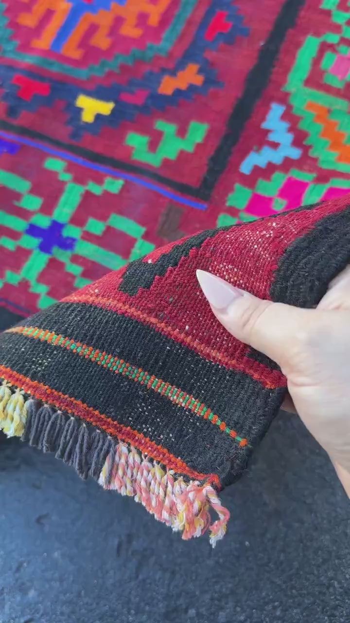 3x5 Handmade Afghan Kilim Runner Rug | Crimson Scarlet Blood Red Black Pine Lime Green Yellow Orange Fuchsia Pink Royal Navy Baby Blue Wool