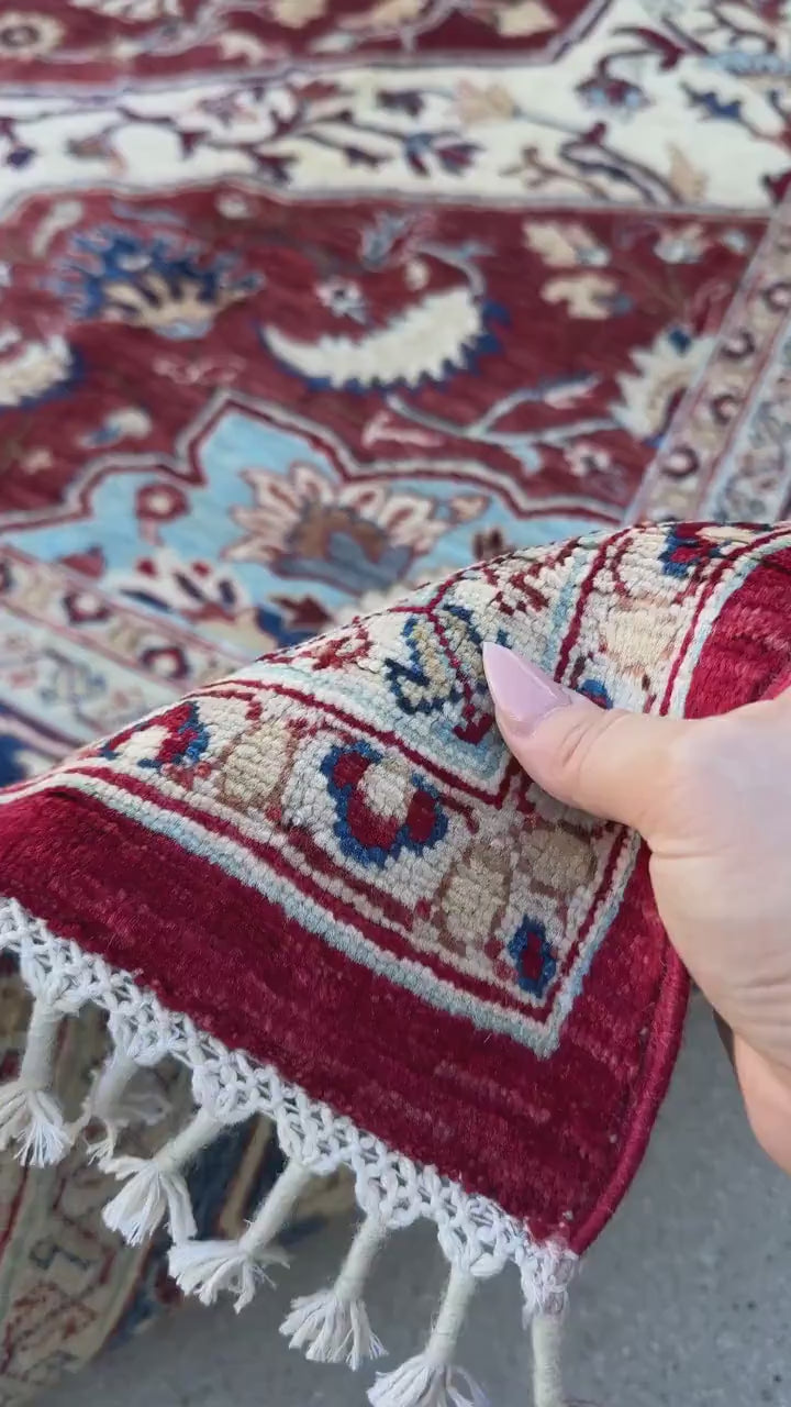 9x13 Handmade Afghan Wool Rug | Red Ivory & Navy Blue Traditional Floral Medallion Area Rug