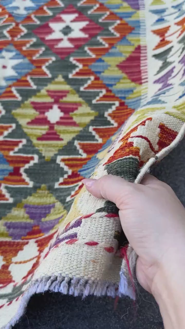 3x5 (91x152) Handmade Afghan Kilim Rug | Cream White Forest Green Rust Red Burnt Orange Mustard Yellow Purple Teal Blue Navy Grey | Wool