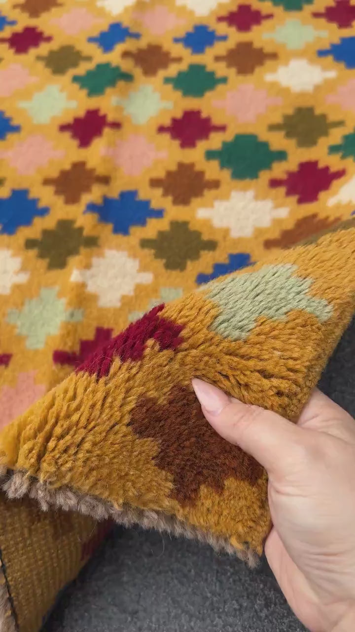2x3 Handmade Vintage Afghan Baluch Rug | Mustard Yellow Rust Red Forest Mint Olive Green Peach Pink Cream White Navy Blue | Wool Doormat