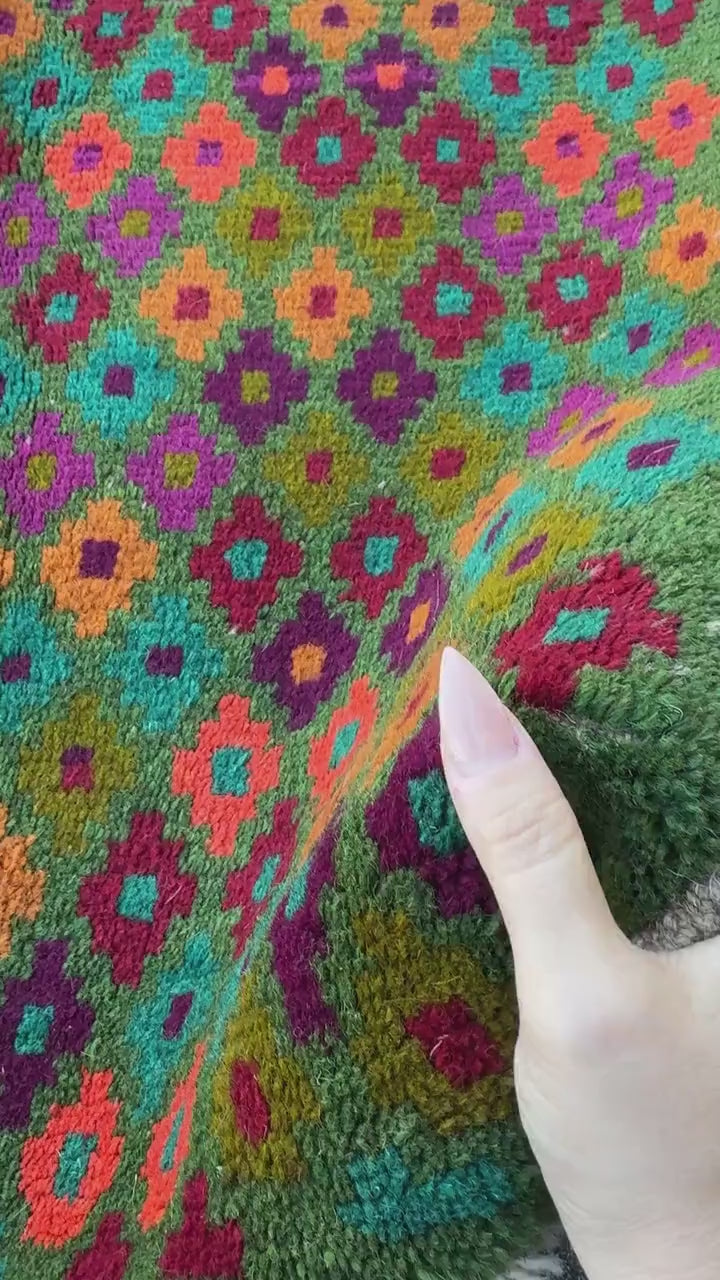 3x10 Handmade Vintage Afghan Baluch Runner Rug | Forest Olive Pine Green Burnt Orange Copper Brown Magenta Eggplant Purple Brick Red | Wool