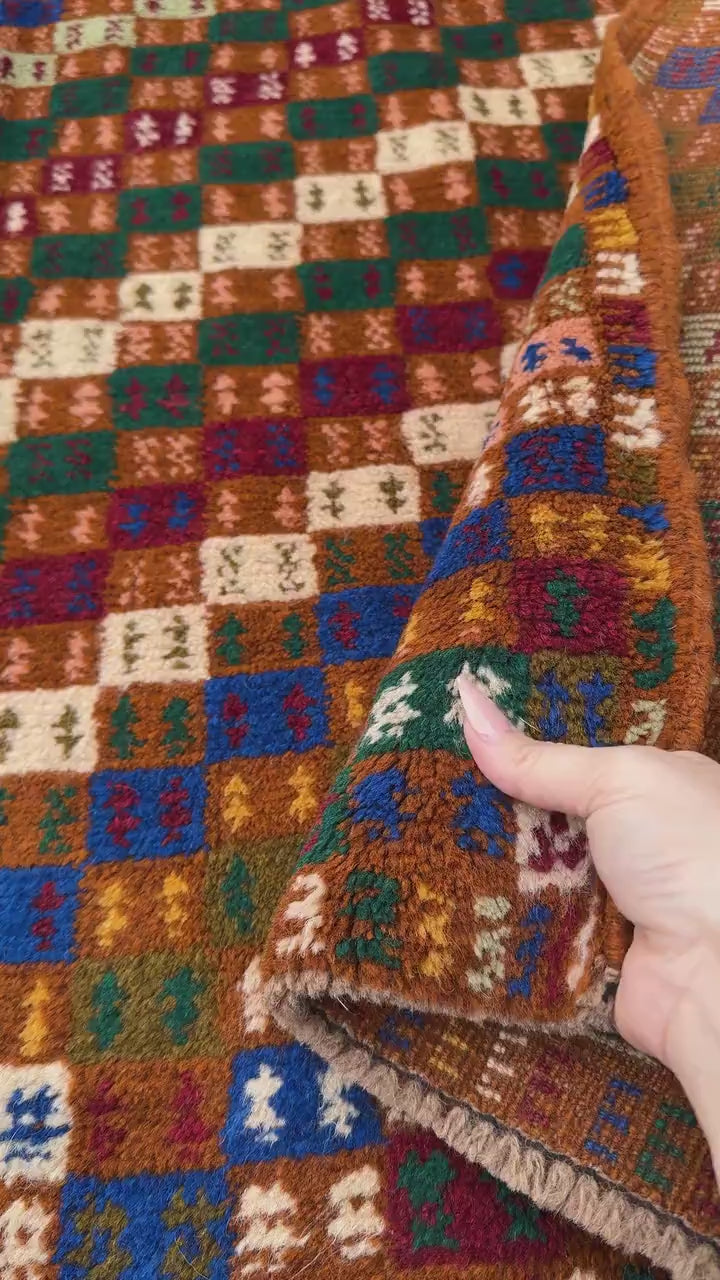 4x6 Handmade Vintage Afghan Baluch Rug | Copper Brown Rust Red Cream Mustard Yellow Olive Mint Green Navy Blue Maroon Peach | Wool Flatwoven