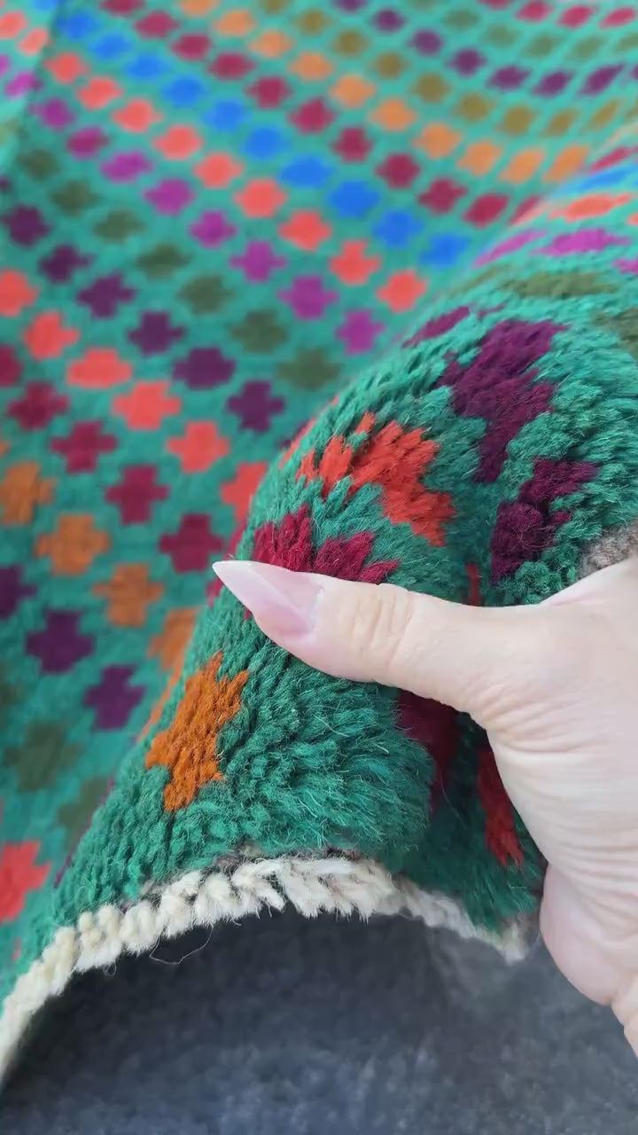 3x9 Handmade Vintage Afghan Baluch Runner Rug | Forest Pine Olive Green Burnt Orange Copper Brown Eggplant Purple Magenta Brick Red | Wool