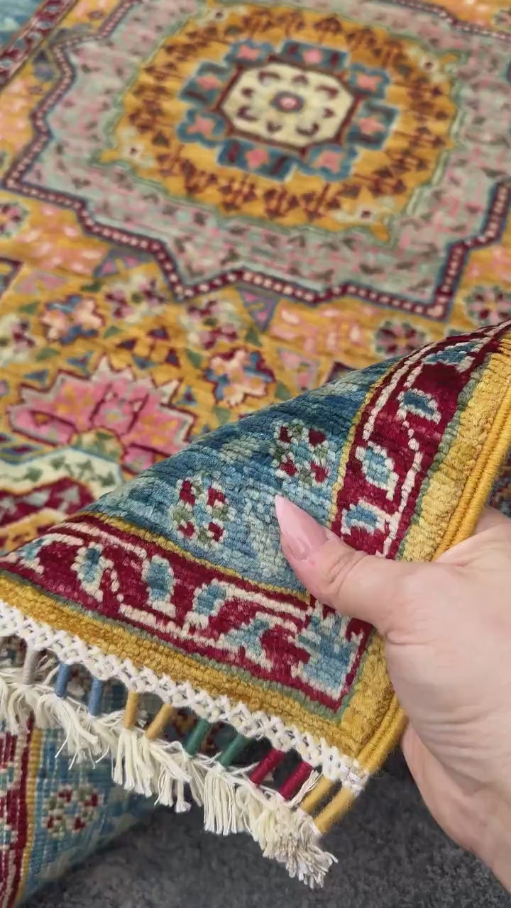 3x10 Handmade Afghan Wool Runner Rug | Traditional Medallion Design | Powder Blue And Gold