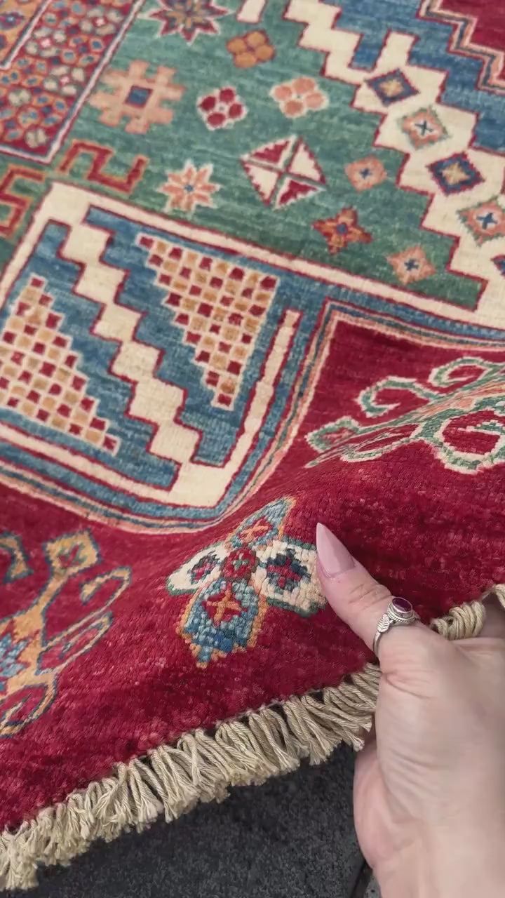 6x6 Round Handmade Afghan Wool Rug | Tribal Star Medallion | Red And Green Area Rug