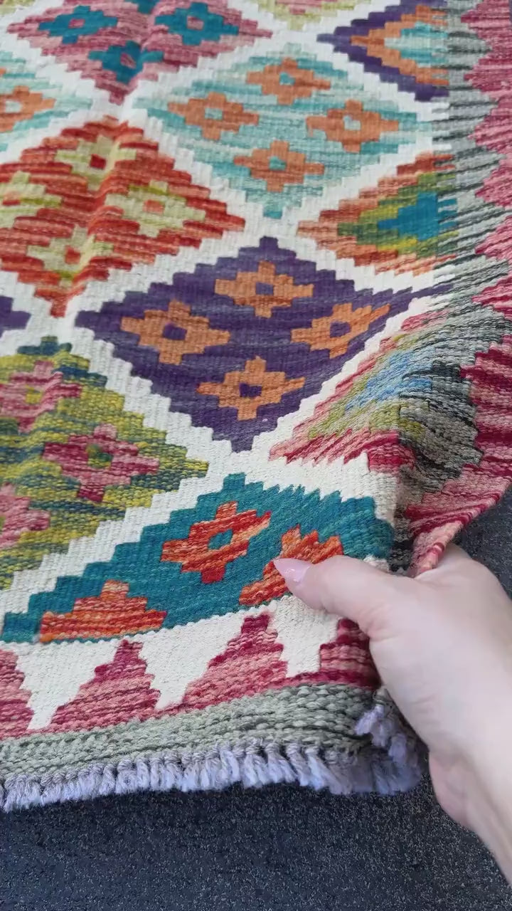 2x5 Handmade Afghan Kilim Runner Rug | Burgundy Purple Rust Red Burnt Orange Olive Green Teal Aqua Mustard Yellow Navy Cream White | Wool