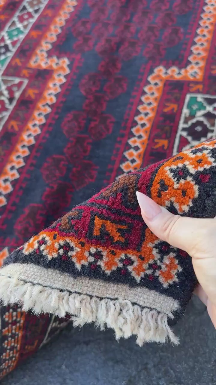3x5 (91x152) Handmade Vintage Afghan Baluch Rug | Auburn Burgundy Blood Red Orange Forest Green Coffee Brown White Ivory Black Midnight Blue