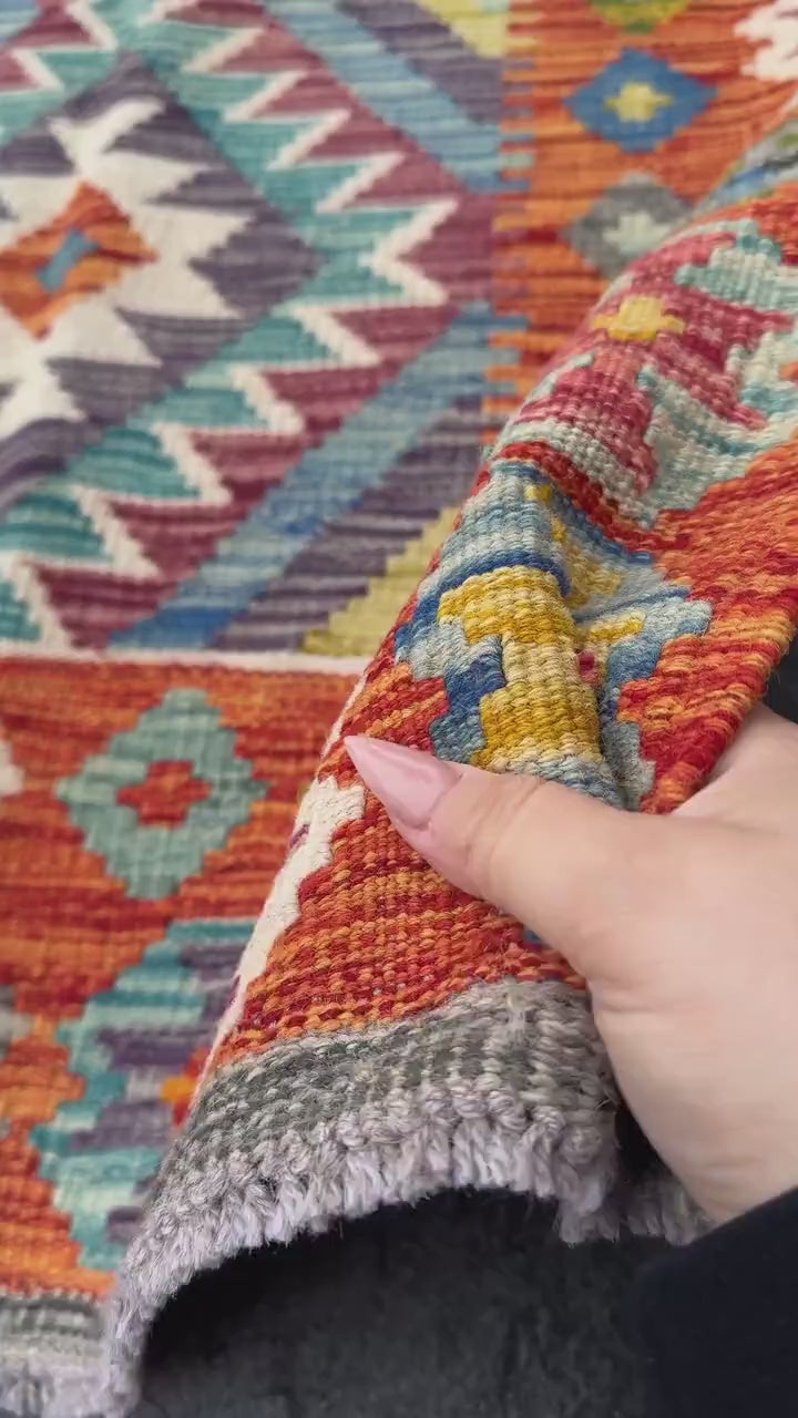 3x5 (91x152) Handmade Afghan Kilim Rug | Orange Denim Sky Prussian Teal Blue Cream Burgundy Auburn Red Forest Moss Green Mustard Yellow Grey