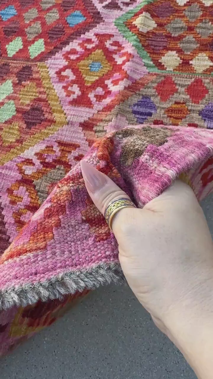 6x8 (182x243) Handmade Afghan Kilim Rug | Pink Fuchsia Rose Blush Red Forest Mint Green Burgundy Maroon Purple Blue Orange Beige Denim Wool