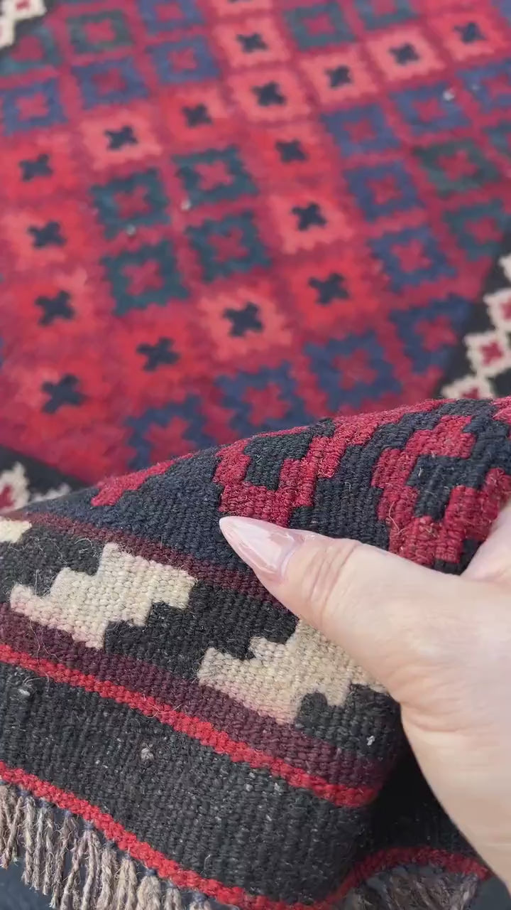 4x5 (150x120) Handmade Afghan Kilim Rug | Brick Red Midnight Blue Black Ivory Coral Orange | Hand Knotted Geometric Persian Wool