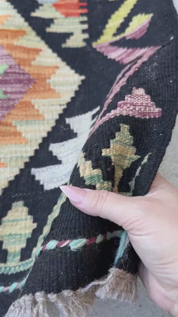 2x3 (61x91) Handmade Afghan Kilim Rug | Black Burnt Peach Saffron Orange Sage Light Green Maroon Burgundy Powder Denim Blue Purple | Wool