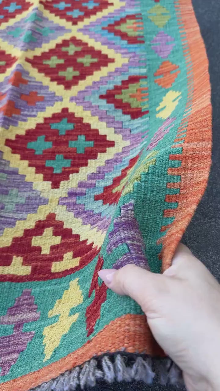 2x7 Handmade Afghan Kilim Runner Rug | Purple Blood Red Mustard Yellow Teal Turquoise Burnt Orange Olive Green | Wool Turkish