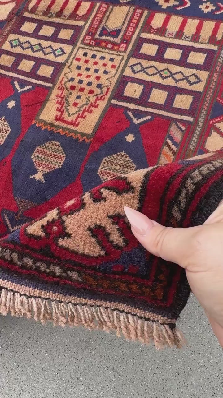 3x5 (91x152) Handmade Vintage Afghan Baluch Rug | Blood Auburn Red Navy Midnight Blue Cream Sand Coffee Brown Maroon Rust Orange Pine Green