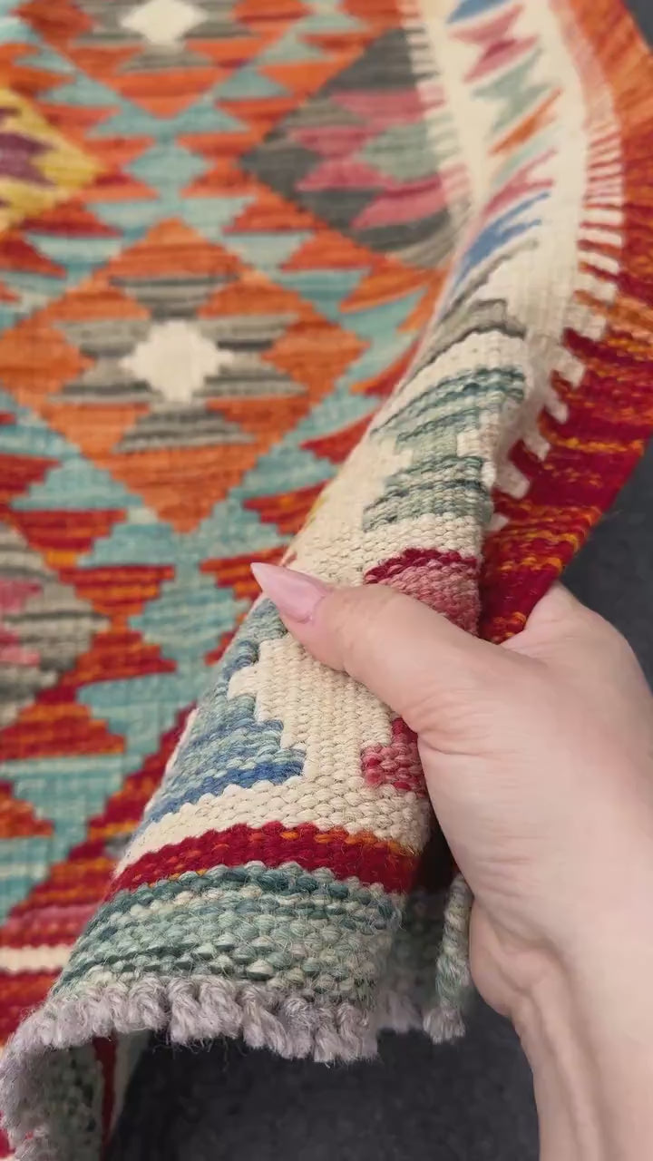 3x5 (91x152) Handmade Afghan Kilim Rug | Burnt Orange Mustard Yellow Denim Teal Blue Brick Red Grey Black Cream Moss Green Burgundy | Wool