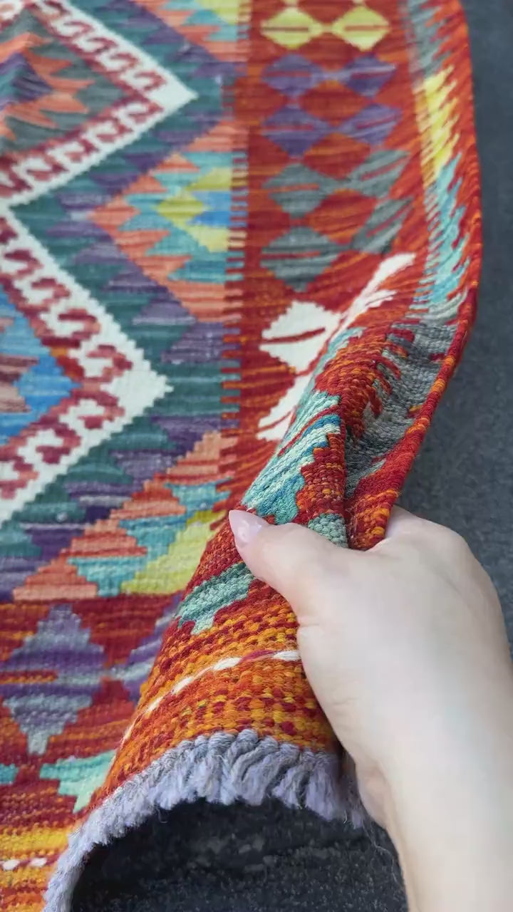 3x7 (100x200) Handmade Afghan Kilim Runner Rug | Blood Red Orange Moss Olive Green Denim Blue Eggplant Purple Grey Ivory Teal | Wool Turkish