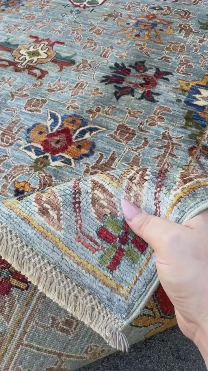 6x8 Handmade Afghan Wool Rug | Light Blue and Ivory Tribal Floral Area Rug | Red and Gold Accents | Hand-Knotted Carpet