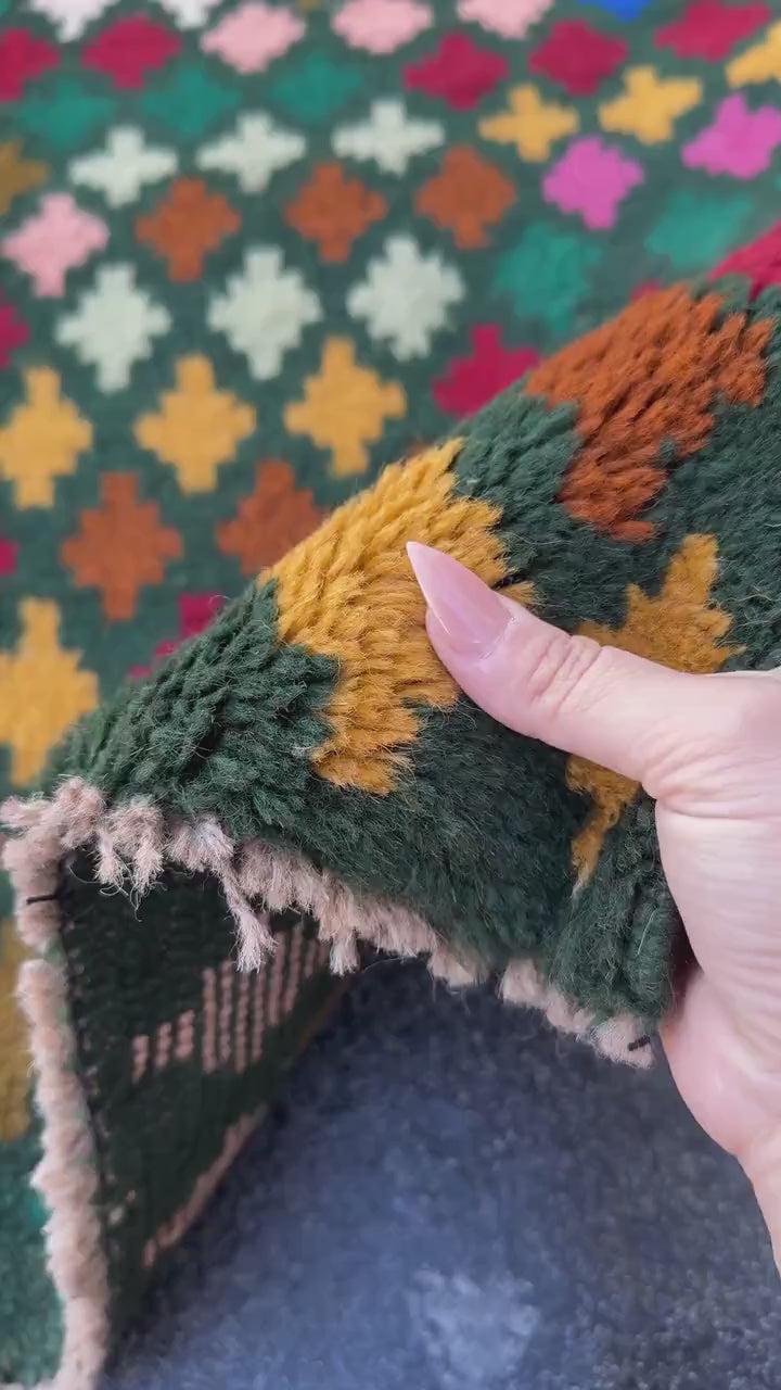 3x10 (90x305) Handmade Vintage Afghan Baluch Runner Rug | Forest Moss Pine Mint Green Rose Salmon Pink Burnt Orange Mustard Cream White