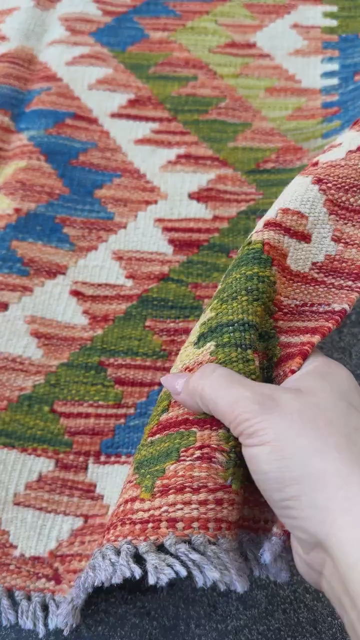 3x5 (91x152) Handmade Afghan Kilim Rug | Black Burnt Orange Cream Beige Red Blue Teal Mint Green Purple | Wool Flatwoven