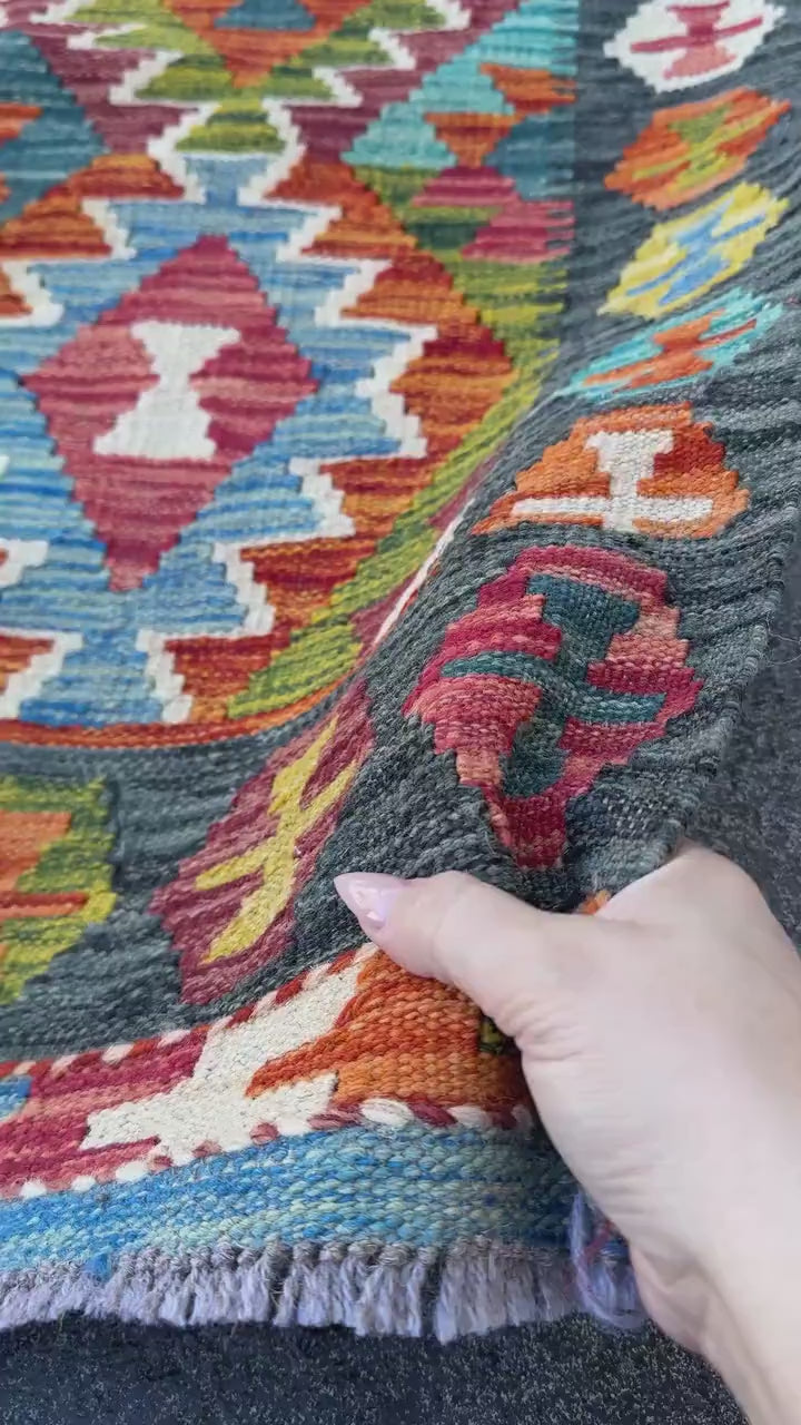 3x4 Handmade Afghan Kilim Rug | Charcoal Grey Rust Red Burnt Orange Cream White Mustard Yellow Olive Green Aqua Blue Teal Navy | Flatwoven