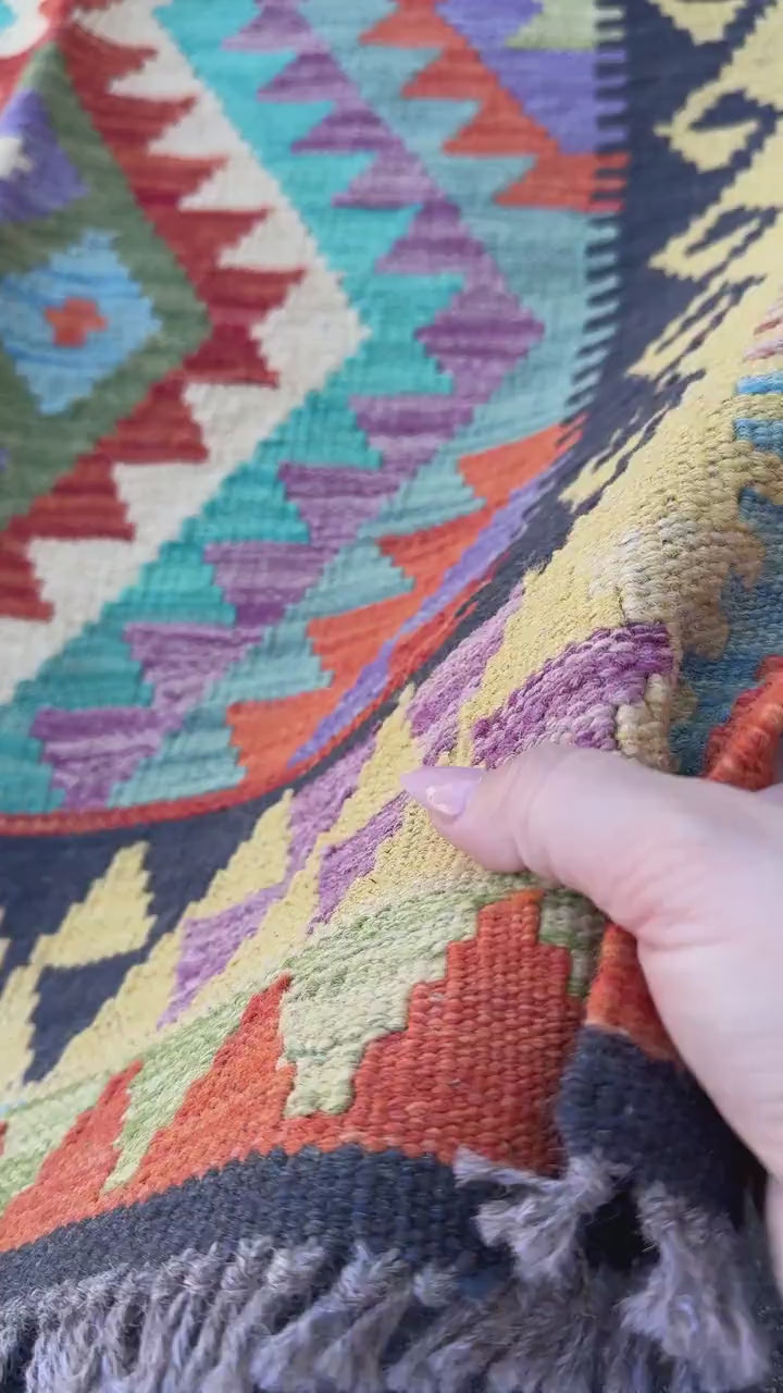 3x7 Handmade Afghan Kilim Runner Rug | Midnight Denim Aqua Blue Turquoise Violet Lavender Purple Lime Forest Green Cream Yellow Orange Red