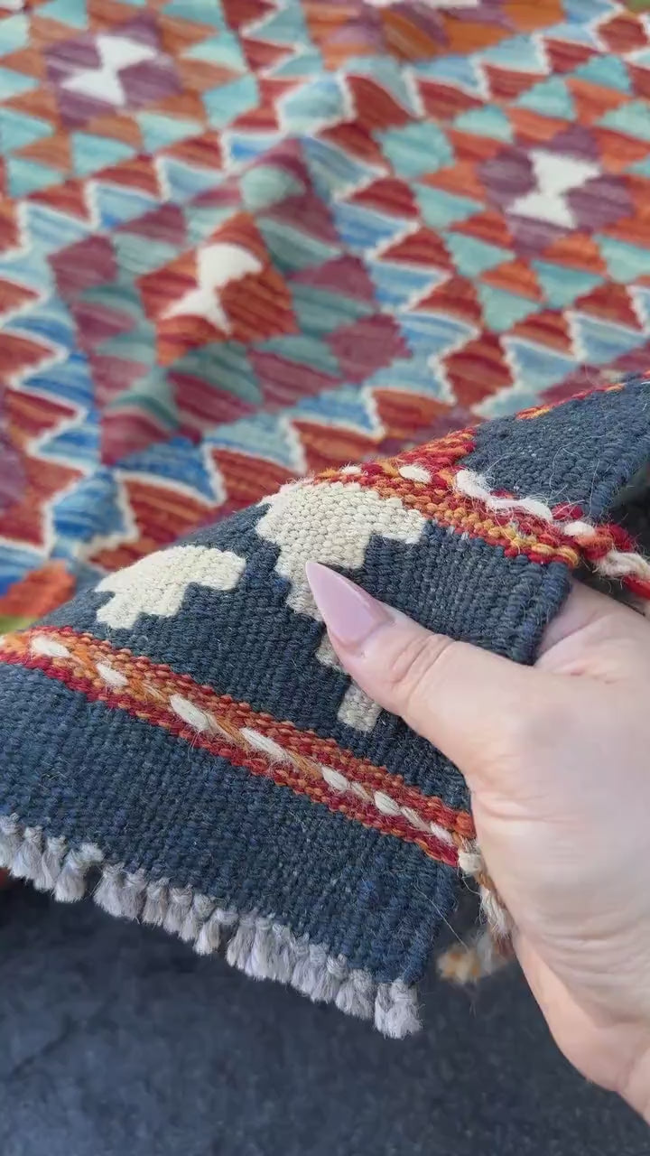 3x5 (91x152) Handmade Afghan Kilim Rug | Navy Midnight Baby Denim Blue Orange Crimson Red Cream White Olive Pine Moss Green Teal Purple Wool