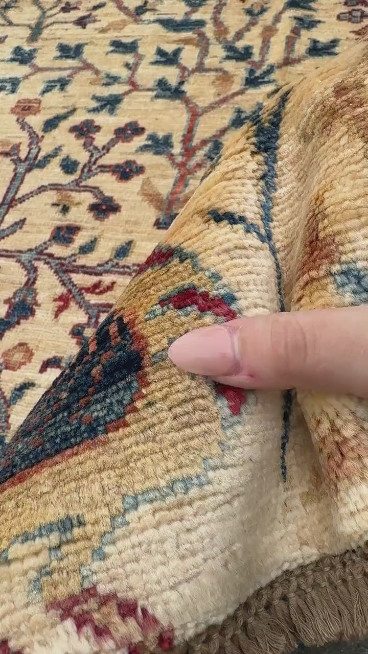 6x9 (182x274) Handmade Afghan Rug | Cream Beige Tan Brown Rust Burnt Orange Brick Red Teal Denim Navy Blue Olive Forest Green | Wool Birds