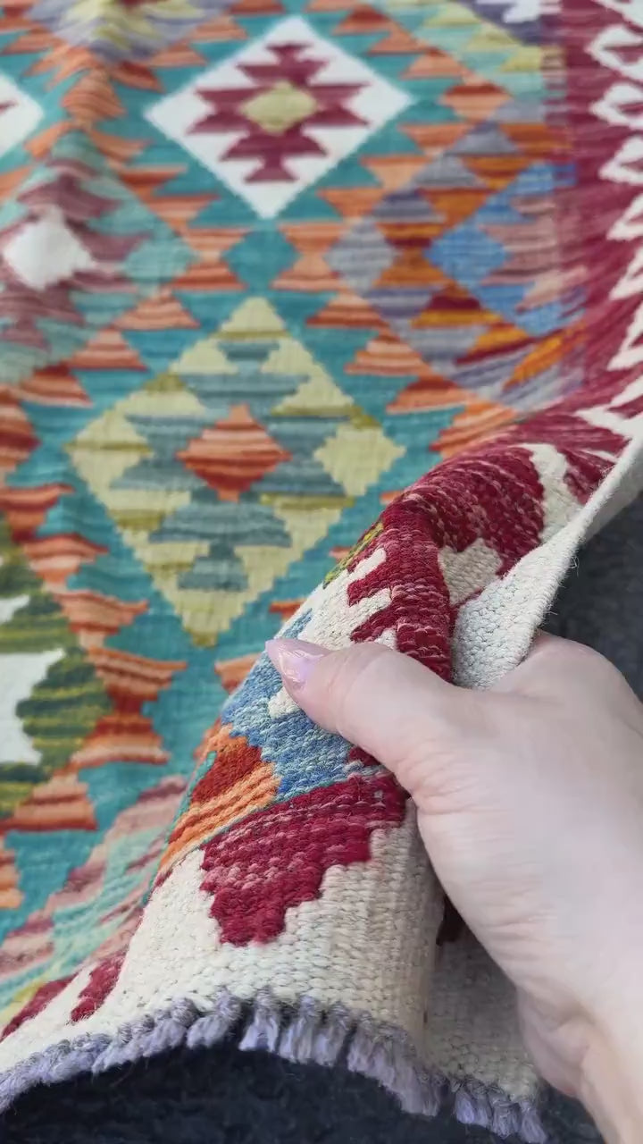 3x4 Handmade Afghan Kilim Rug | Cream White Teal Aqua Rust Red Burnt Orange Mustard Yellow Olive Green Navy Purple Grey | Wool Flatwoven