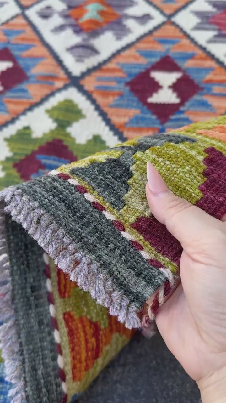3x4 (91x121) Handmade Afghan Kilim Rug | Chartreuse Forest Moss Olive Green Orange Denim Aqua Blue White Cream Grey Black Red | Wool