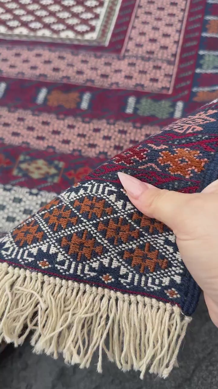 4x7 (120x215) Handmade Vintage Afghan Baluch Rug | Burgundy Red Navy Blue Cream White Pink Coral Rust Orange Olive Green Teal Grey