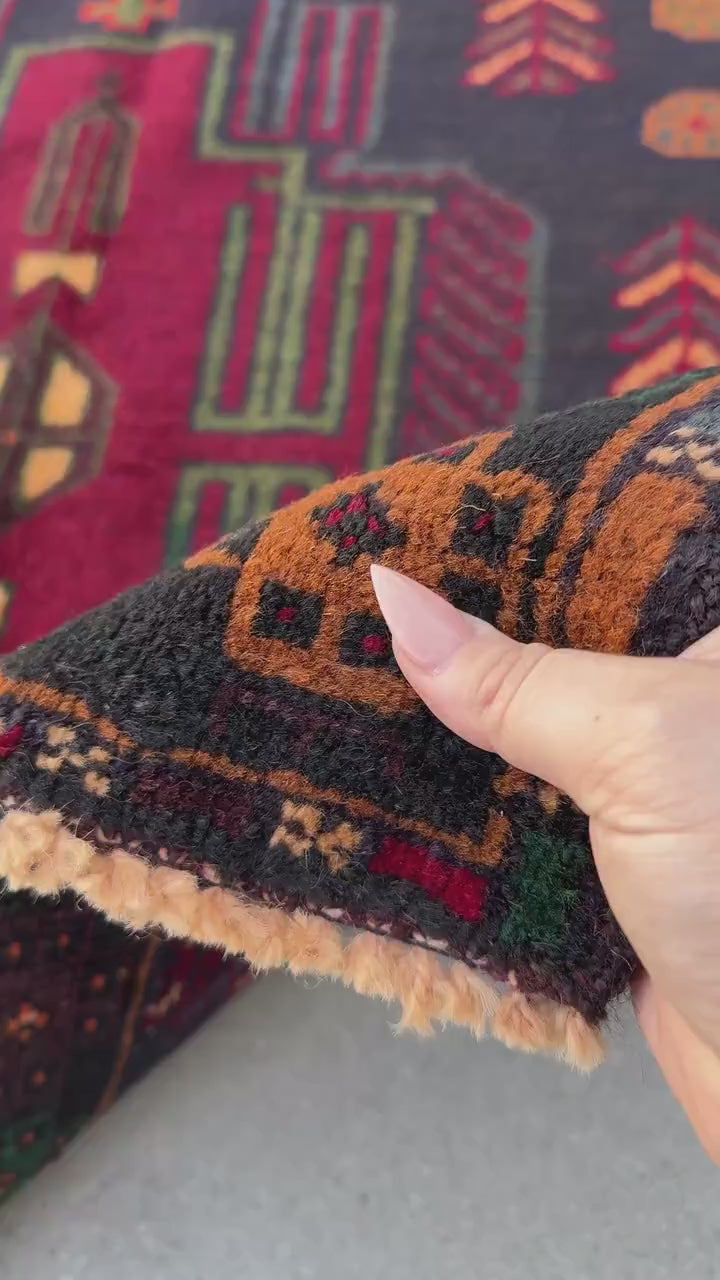 3x5 (91x152) Handmade Vintage Afghan Baluch Rug | Midnight Deni Blue Forest Pine Green Burnt Orange Cream Blood Red Yellow Eggplant | Wool