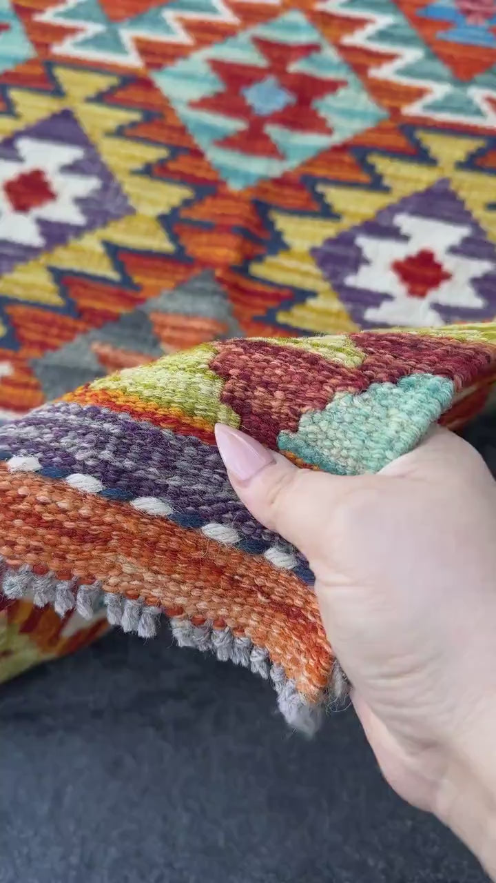 2x5 Handmade Afghan Kilim Runner Rug | Aqua Sky Blue Teal Burnt Orange Brick Red Rust Mustard Yellow Olive Green Purple Cream White