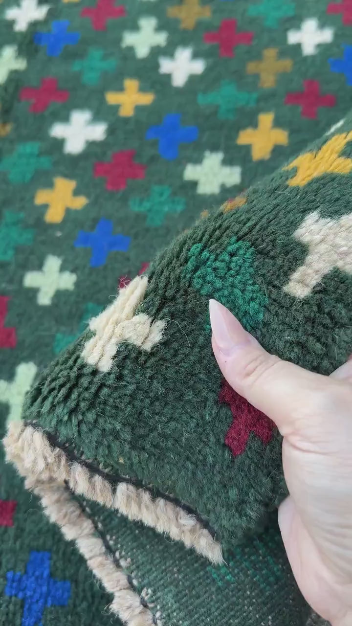 4x6 Handmade Vintage Afghan Baluch Rug | Pine Forest Mint Olive Green Mustard Gold White Brick Red Navy Blue | Wool Flatwoven