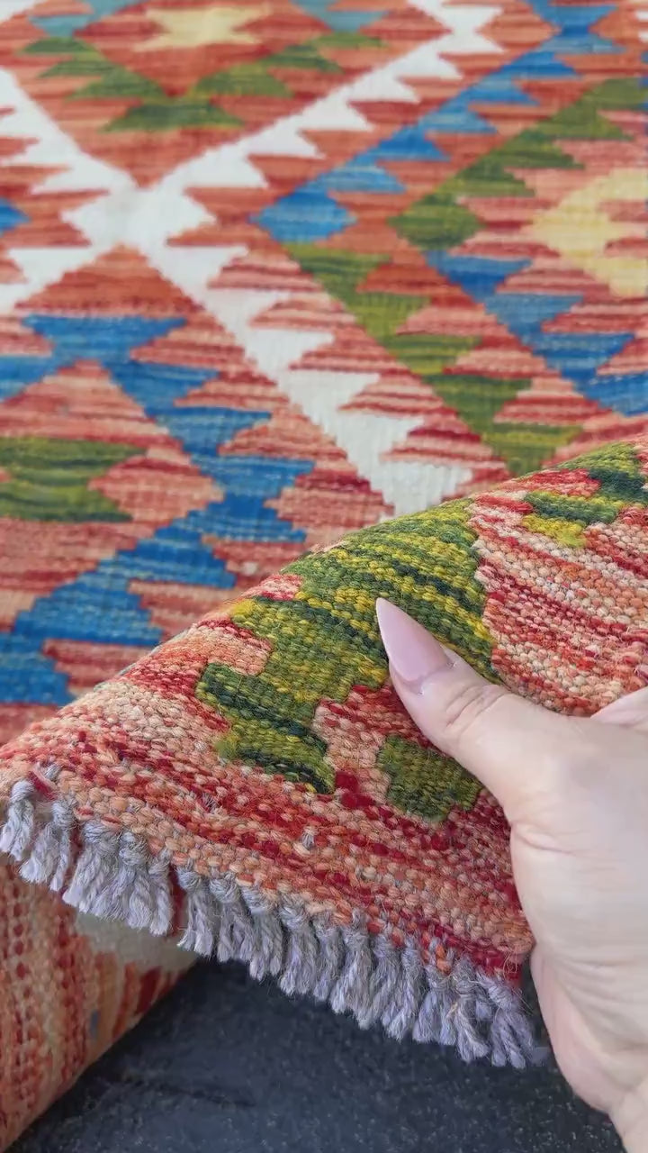 3x4 (91x121) Handmade Afghan Kilim Rug | Orange Royal Denim Blue Cream White Forest Sage Green Yellow Teal | Wool Flatweave Reversible